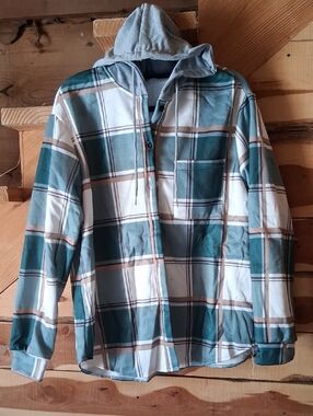 NWOT Mens Plaid Hooded Flannel Shirt Jacket - Green White, Gray Brown